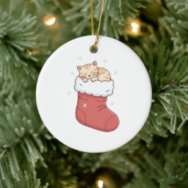 Cozy Cat in Christmas Stocking - Sleeping Kitten  Keramik Ornament