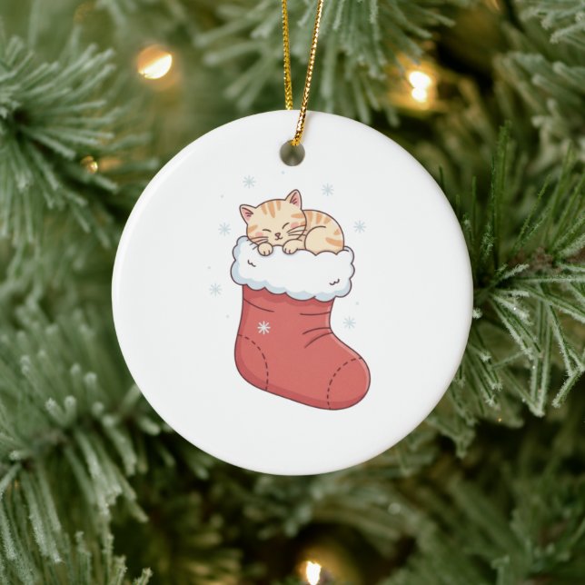 Cozy Cat in Christmas Stocking - Sleeping Kitten  Keramik Ornament (Baum)