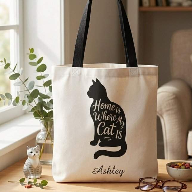 Cozy Cat Lover – Home is Where My Cat Is Tasche (Personalized cat tote bag)