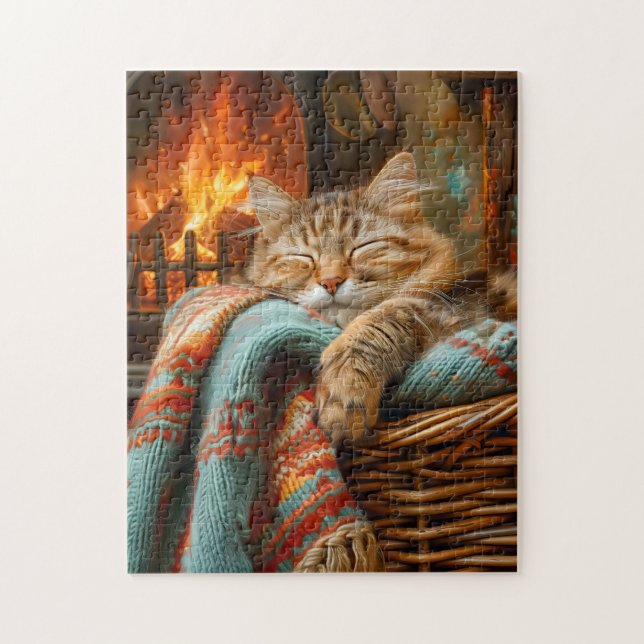 Cozy Cat Sleeping in Basket by Warm Fireplace (Vertikal)