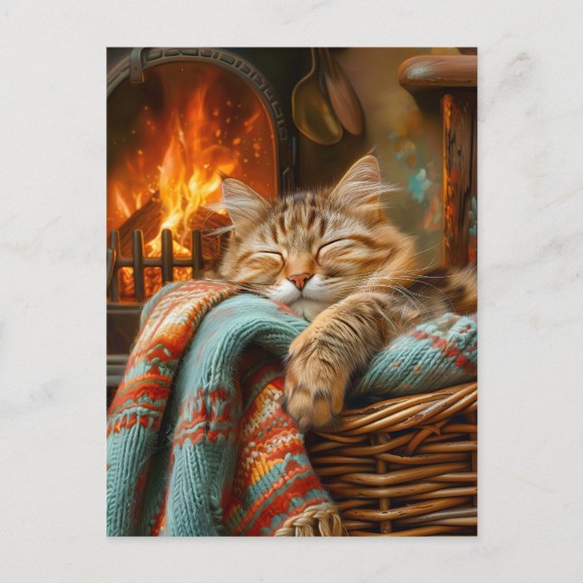 Cozy Cat Sleeping in Basket by Warm Fireplace Postkarte (Vorderseite)