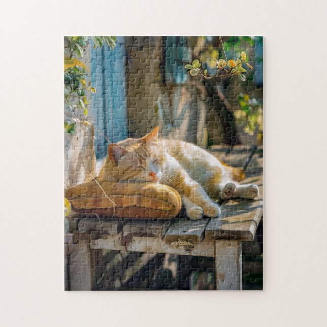 Cozy Cat Sleeping in Garden on Bench (Vertikal)