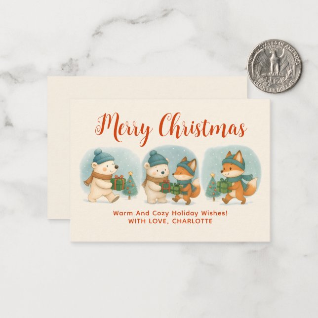 Cozy Christmas Animals Adorable Holiday Note Card Mitteilungskarte (Vorderseite/Rückseite Beispiel)