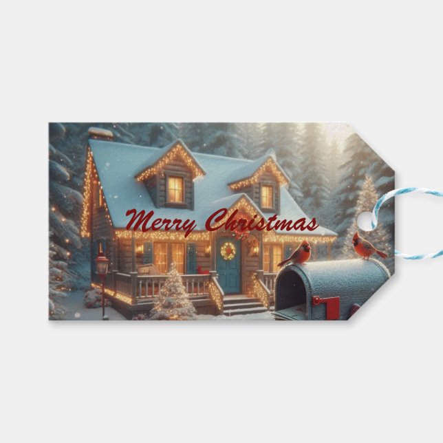 Cozy Christmas Cabin Winter Wonderland Geschenkanhänger (Vorderseite (Horizontal))
