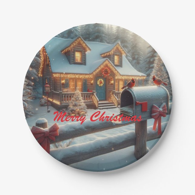 Cozy Christmas Cabin Winter Wonderland Pappteller (Vorderseite)