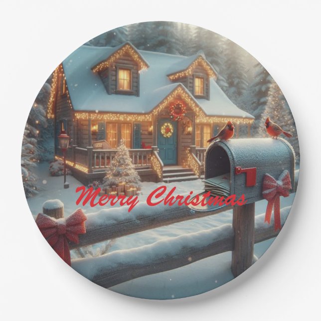 Cozy Christmas Cabin Winter Wonderland Pappteller (Vorderseite)
