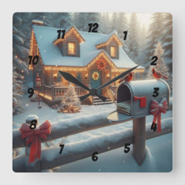 Cozy Christmas Cabin Winter Wonderland Quadratische Wanduhr