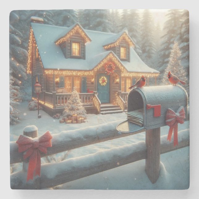 Cozy Christmas Cabin Winter Wonderland Steinuntersetzer (Vorderseite)
