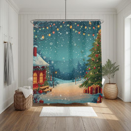 Cozy Christmas Cabin with Snowy Winter Scene Duschvorhang