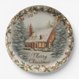 Cozy Christmas Cottage Paper Plate Pappteller