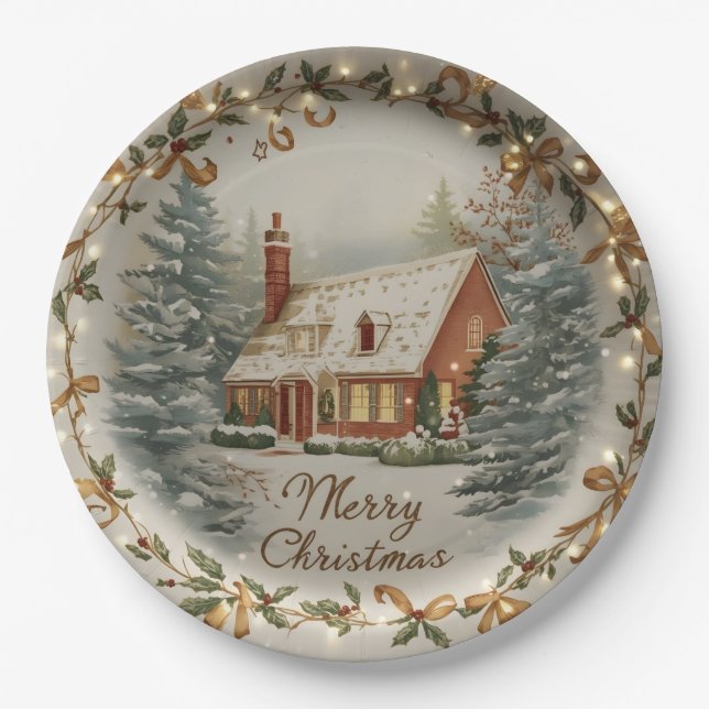 Cozy Christmas Cottage Paper Plate Pappteller (Vorderseite)