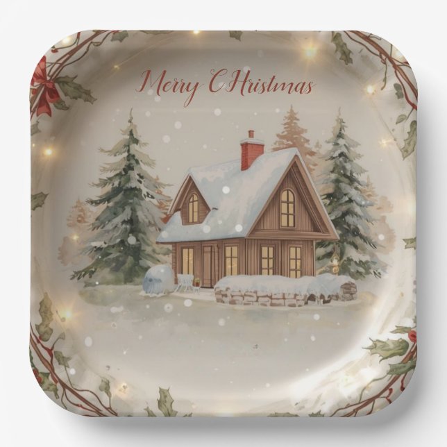  Cozy Christmas Cottage Paper Plate Pappteller (Vorderseite)