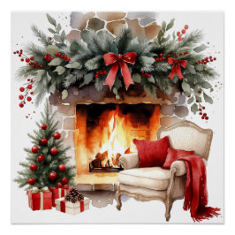 Cozy Christmas Fireplace Watercolor Art Print Poster