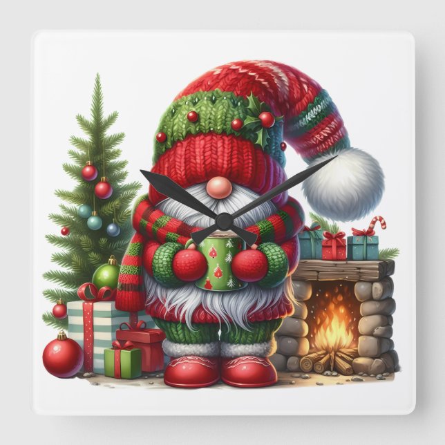 Cozy Christmas Gnome Art – Festive Holiday Quadratische Wanduhr (Vorderseite)
