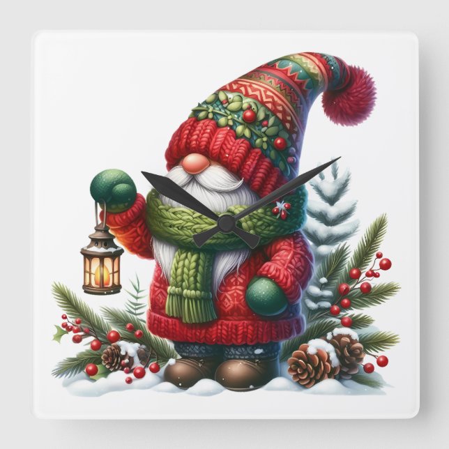 Cozy Christmas Gnome Art – Festive Holiday Quadratische Wanduhr (Vorderseite)