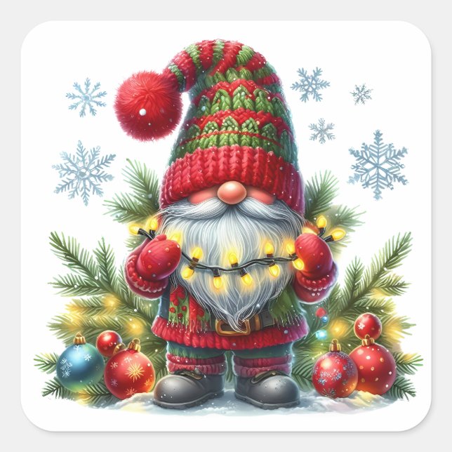 Cozy Christmas Gnome Art – Festive Holiday Quadratischer Aufkleber (Vorderseite)
