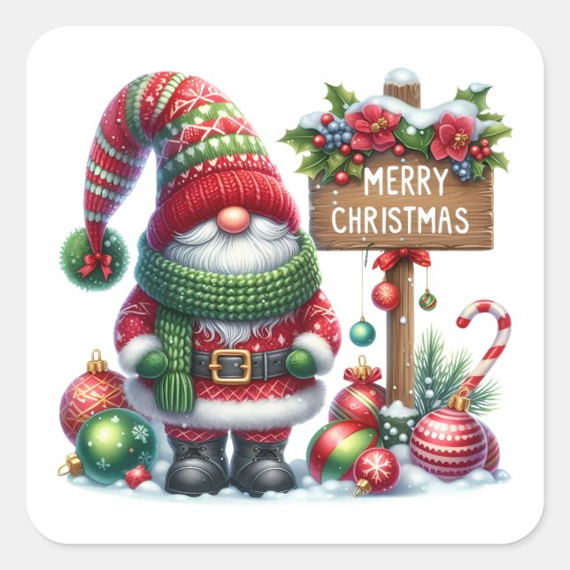 Cozy Christmas Gnome Art – Festive Holiday Quadratischer Aufkleber (Vorderseite)
