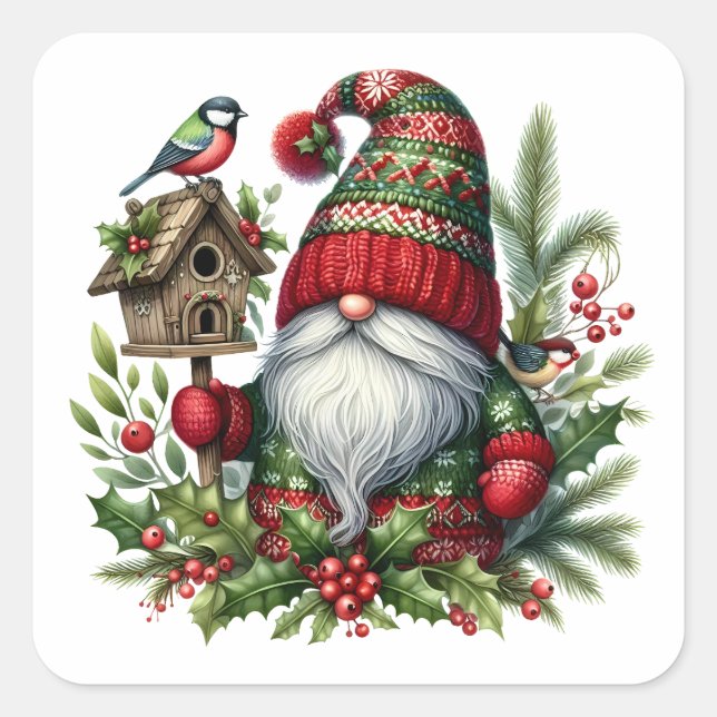 Cozy Christmas Gnome Art – Festive Holiday Quadratischer Aufkleber (Vorderseite)