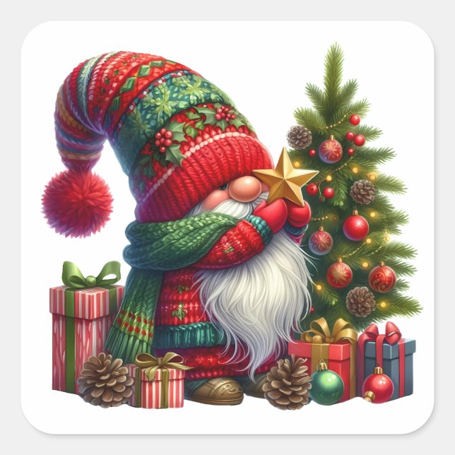 Cozy Christmas Gnome Art – Festive Holiday Quadratischer Aufkleber (Vorderseite)