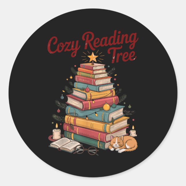 Cozy Christmas Reading Tree Cat Candle Stack Booki Runder Aufkleber (Vorderseite)