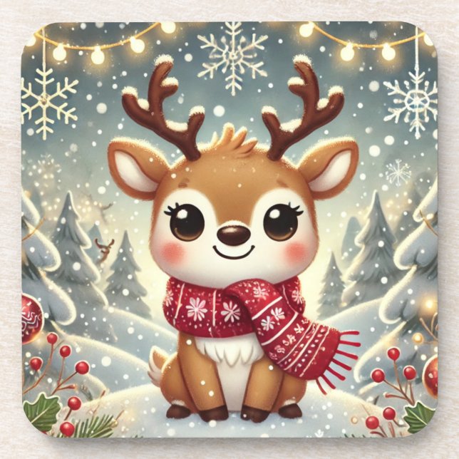 Cozy Christmas Reindeer in a Winter Wonderland Getränkeuntersetzer (Vorderseite)