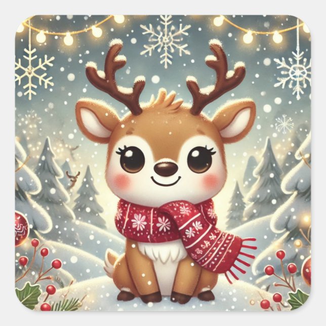 Cozy Christmas Reindeer in a Winter Wonderland Quadratischer Aufkleber (Vorderseite)
