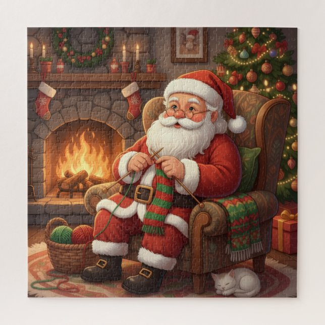Cozy Christmas Santa Knitting by the Fireplace (Vertikal)