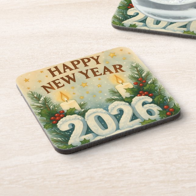 cozy coaster set for happy new year 2026 getränkeuntersetzer (Linke Seite)