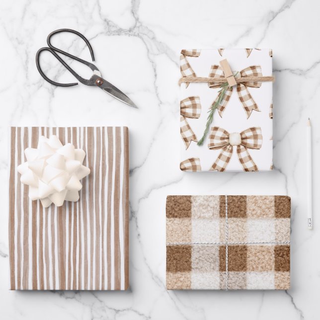 Cozy Cream Cocoa Brown Stripes Bows Christmas Geschenkpapier Set (Vorderseite)
