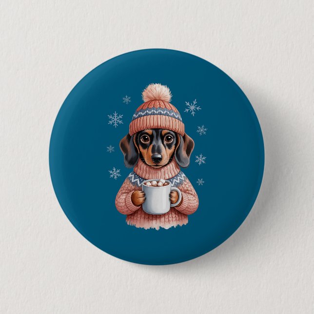 Cozy Dachshund Dog With Hot Cocoa Holiday Winter S Button (Vorderseite)