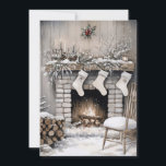 Cozy Fireplace Christmas Feiertagskarte<br><div class="desc">A festive stone fireplace trimmed with snowy evergreen boughs, glowing candles, and three hanging stockings sets a classic holiday scene. Firewood, snowfall, and a wooden chair complete the quiet, rustic charm. The back of the card includes the verse Wishing you peace, joy, and happiness this holiday season, with space to...</div>