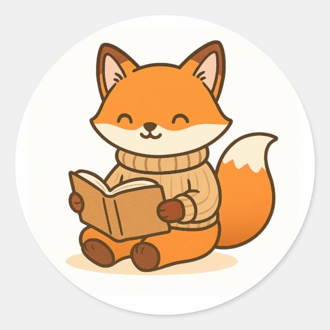 Cozy Fox Reading a Book (Glossy White Background)  Runder Aufkleber (Vorderseite)