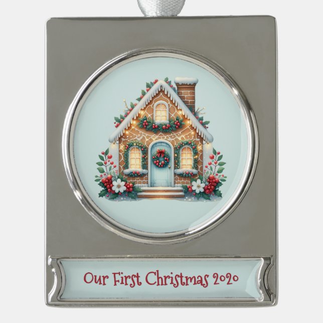 Cozy Gingerbread House Holiday Illustration Banner-Ornament Silber (Vorderseite)