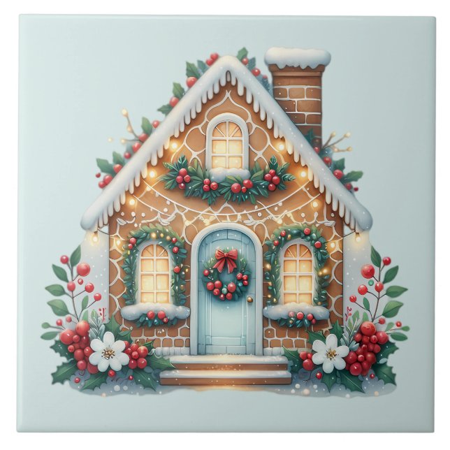 Cozy Gingerbread House Holiday Illustration Fliese (Vorderseite)