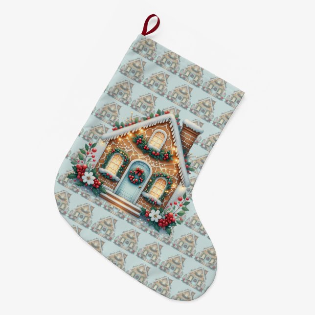 Cozy Gingerbread House Holiday Illustration Großer Weihnachtsstrumpf (Vorderansicht (hängend))