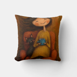 Cozy Girl Black Cat Whimsical Aesthetic Art Kissen