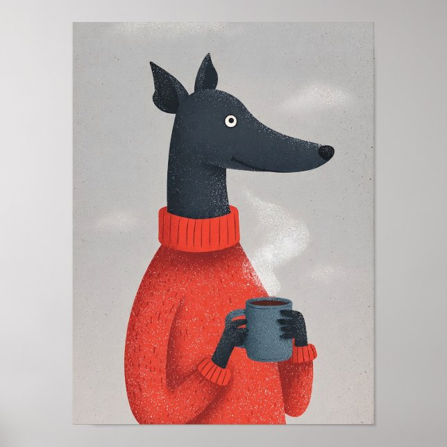 Cozy Greyhound Dog Poster–Anthropomorphic Pet Art Poster (Vorne)