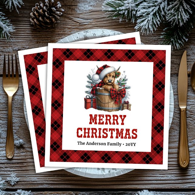 Cozy highland cow holiday napkins red black plaid  serviette (Cozy highland cow holiday napkins red black plaid custom

)