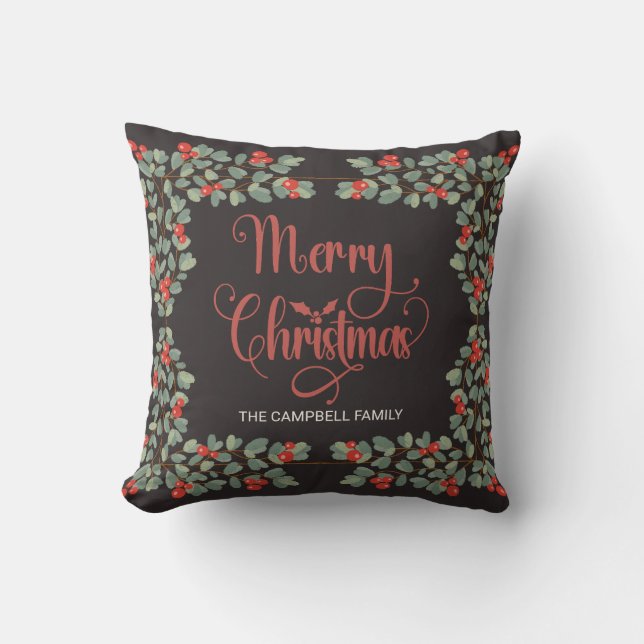 Cozy Holly Berry Weihnachtsfamilie Name Kissen (Vorderseite)