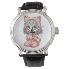 Cozy Kawaii Anime Girl with Cat Hoodie – Hot Drink Armbanduhr
