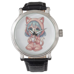 Cozy Kawaii Anime Mädchen mit Katzenpullover – Hei Armbanduhr