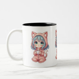 Cozy Kawaii Anime Mädchen mit Katzenpullover – Hei Zweifarbige Tasse