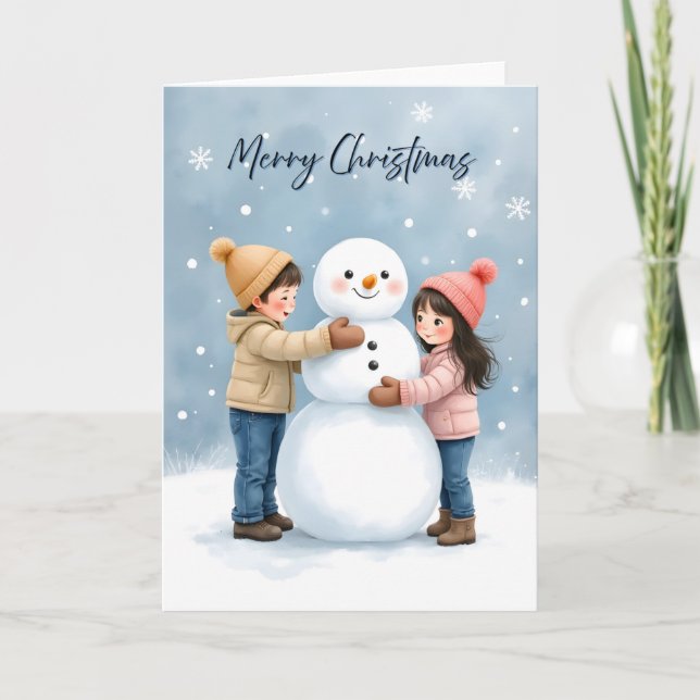 Cozy Kids Building a Snowman Blank Christmas Karte (Vorderseite)