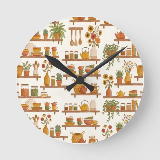 Cozy Kitchen Shelfie Watercolor Timepiece Runde Wanduhr (Vorderseite)