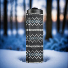 Cozy Knitted Pattern Black and Gray Thermosbecher