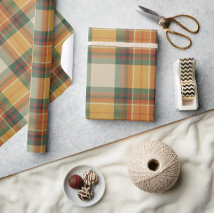 Cozy Orange, Grün & Creme Tartan Geschenkpapier