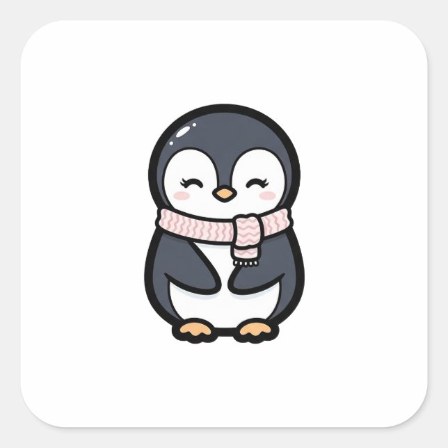 Cozy Penguin – Cute Kawaii Animal Illustration Quadratischer Aufkleber (Vorderseite)