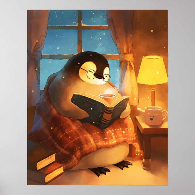 Cozy Penguin Reading Nursery Wall Art Print Poster (Vorne)