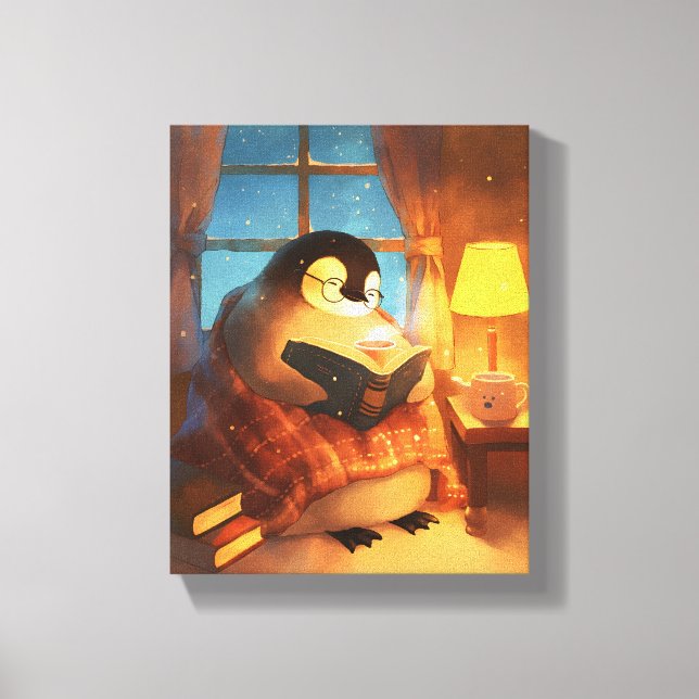 Cozy Penguin Reading Nursery Wall Print Canvas Art Leinwanddruck (Vorderseite)