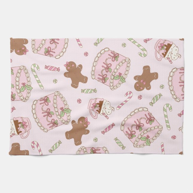 Cozy Pink Pastel Cake & Bow Christmas Apron Geschirrtuch (Horizontal)